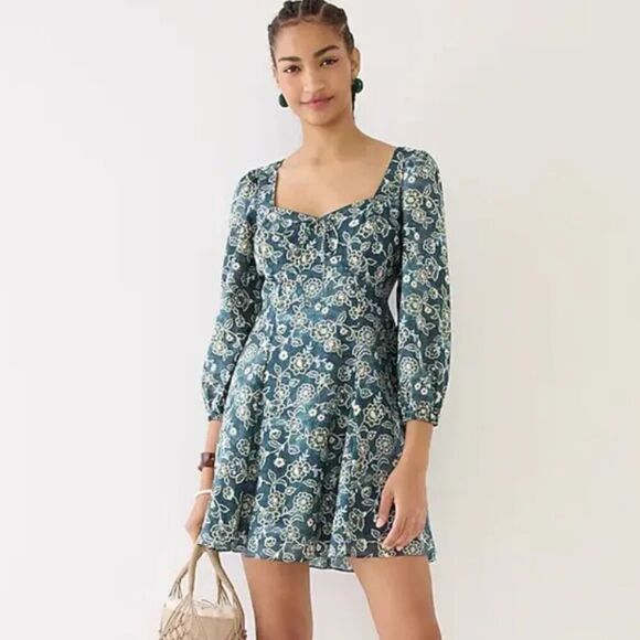 J. Crew Sweetheart Long Sleeve Mini Dress Vintage Vines Fabric Green Floral 00 - Picture 1 of 10
